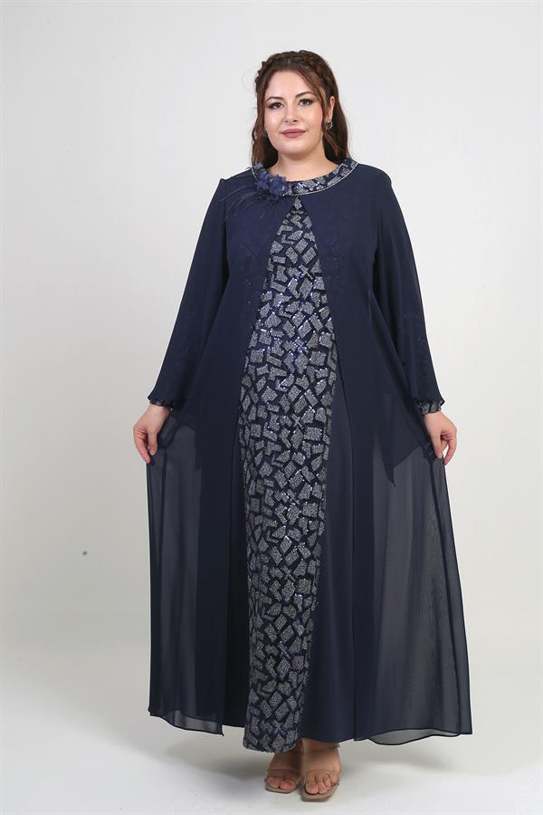 Kadın Üstü Şifon Pelerinli Pul Taş Detaylı Geometrik Desen Likralı B.B. Uzun Elbise