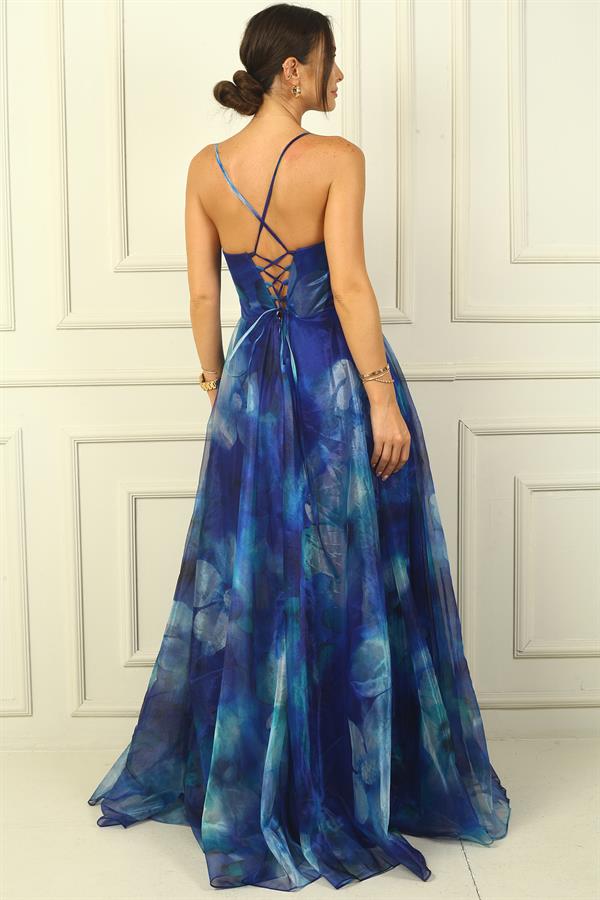 Kadın İp Askılı Arkası Bağcıklı Önü Drapeli Çiçekli Organze Uzun Elbise