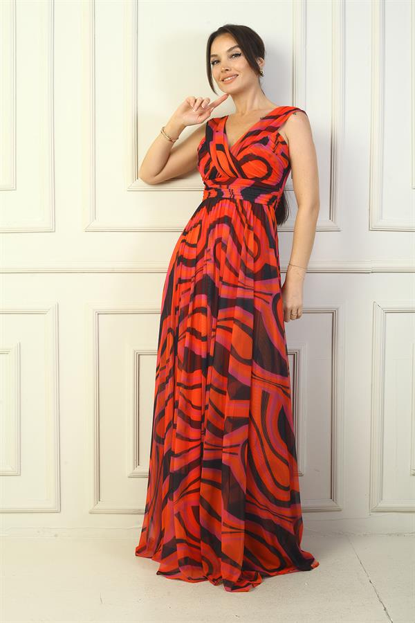 Women's Front and Back V-Neck Lined Abstract Patterned Tulle Long Dress