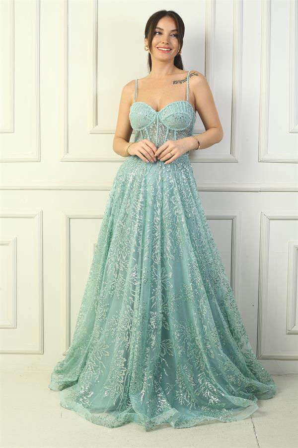 Kadın İp Askılı Boncuk Detaylı Pul İşlemeli Astarlı Uzun Abiye Elbise