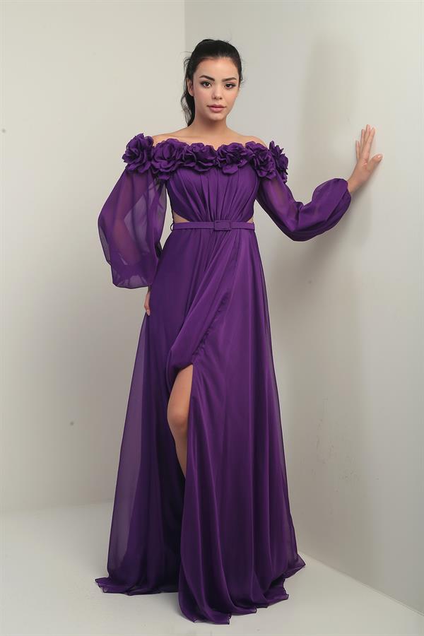 Women's Floral Madonna Neckline Belted Lined Chiffon Long Dress