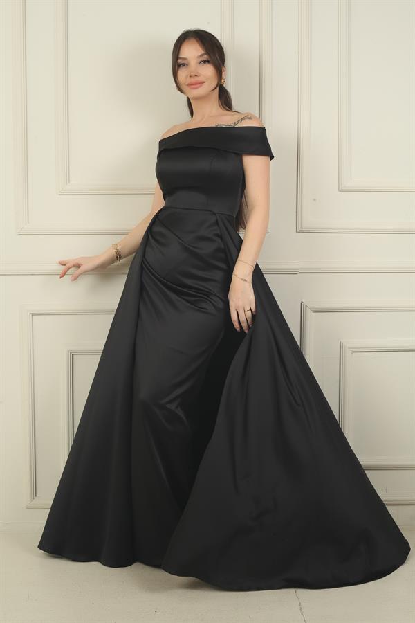 Kadın Madonna Yaka Önü Büzgülü Astarlı Pelerinli Saten Uzun Elbise