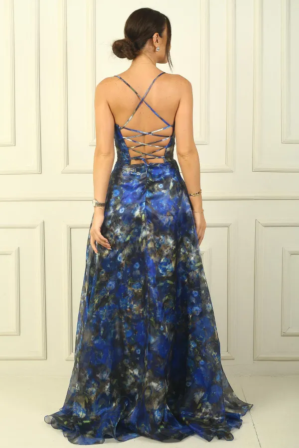 İp Askılı Arkası Bağcıklı Astarlı Pileli Organze Uzun Elbise