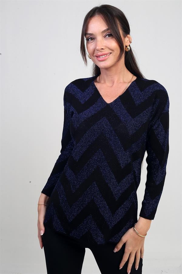Kadın V Yaka Zikzak Desenli Geniş Beden Aralıklı Simli Bluz