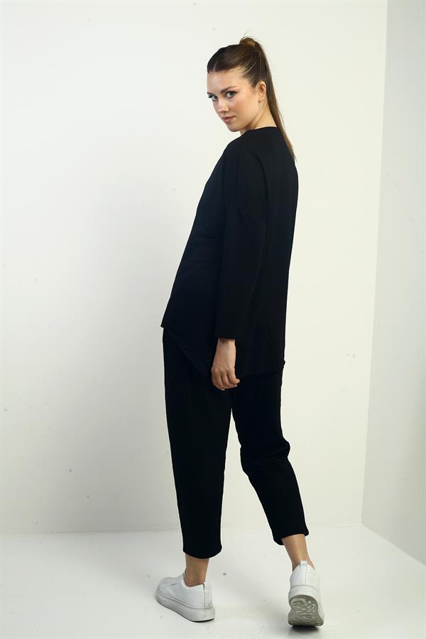 Women's Front Short Back Long Side Slit Sweatshirt Elastic Waist Pocket Pants Two-Piece Set