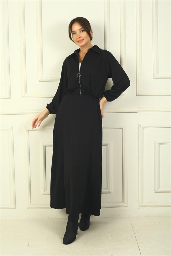 Women's Front Zippered Jacket and Elastic Waist Long Skirt Osyho 2-Piece Set