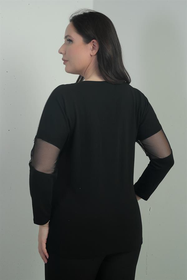 Kadın Taş Ve Tül Detaylı Likralı Çilek Büyük Beden Bluz