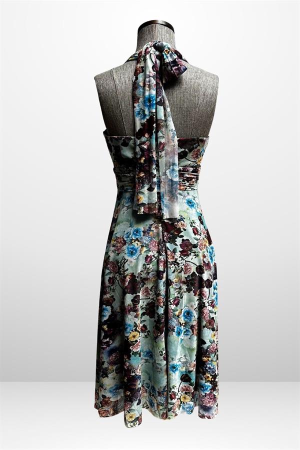 Kadın Boyundan Bağlamalı Astarlı Küçük Çiçekli Elbise