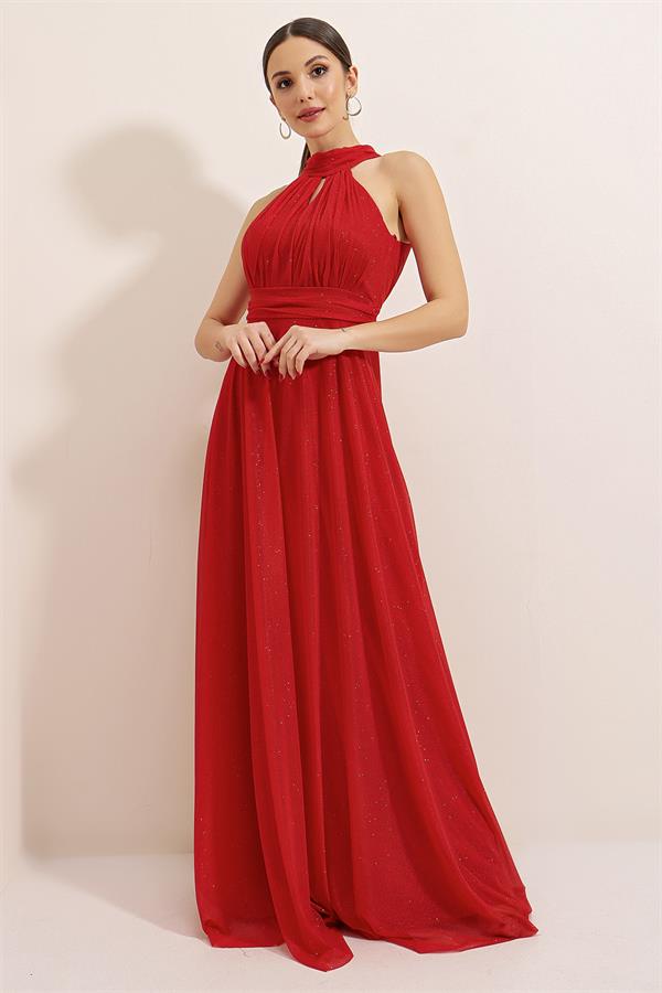 Boyundan Bağlamalı Astarlı Simli Uzun Elbise