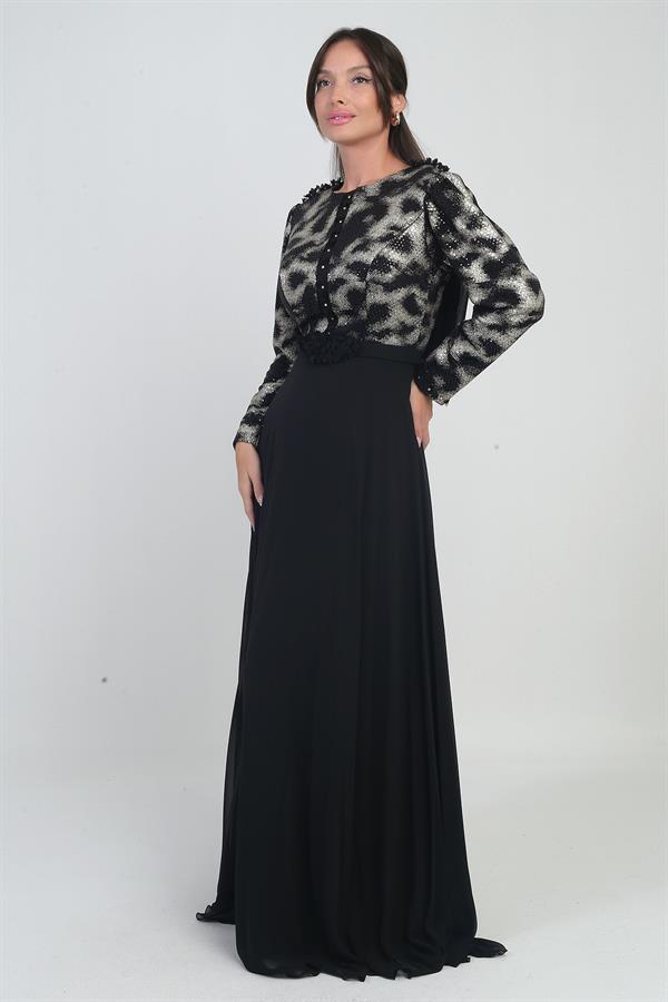 Kadın Çiçekli Kemer Detaylı Üstü Pullu Astarlı Şifon Uzun Elbise