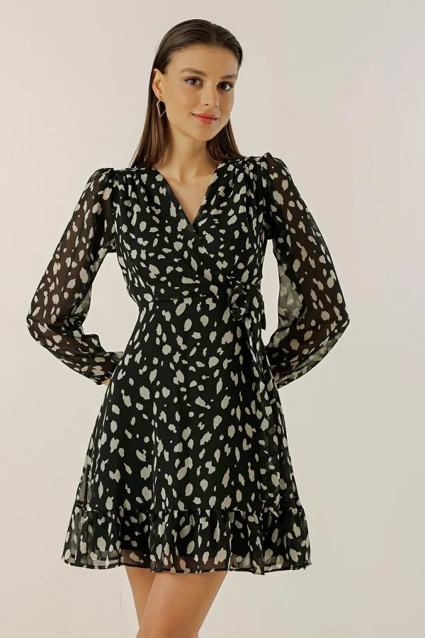 Double-Breasted, Tied Waist, Lined Dalmatian Chiffon Dress