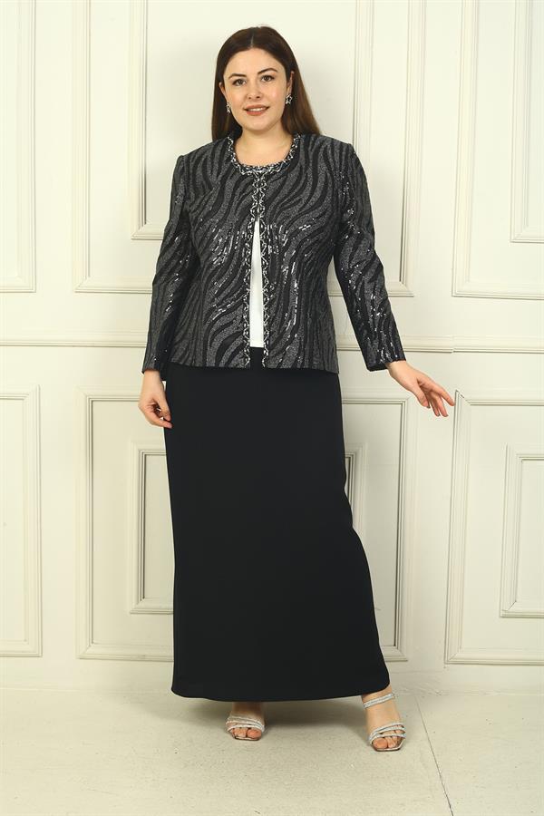 Ensemble 3 pièces grande taille pour femme : veste à sequins, chemisier à manches courtes, jupe longue doublée en crêpe