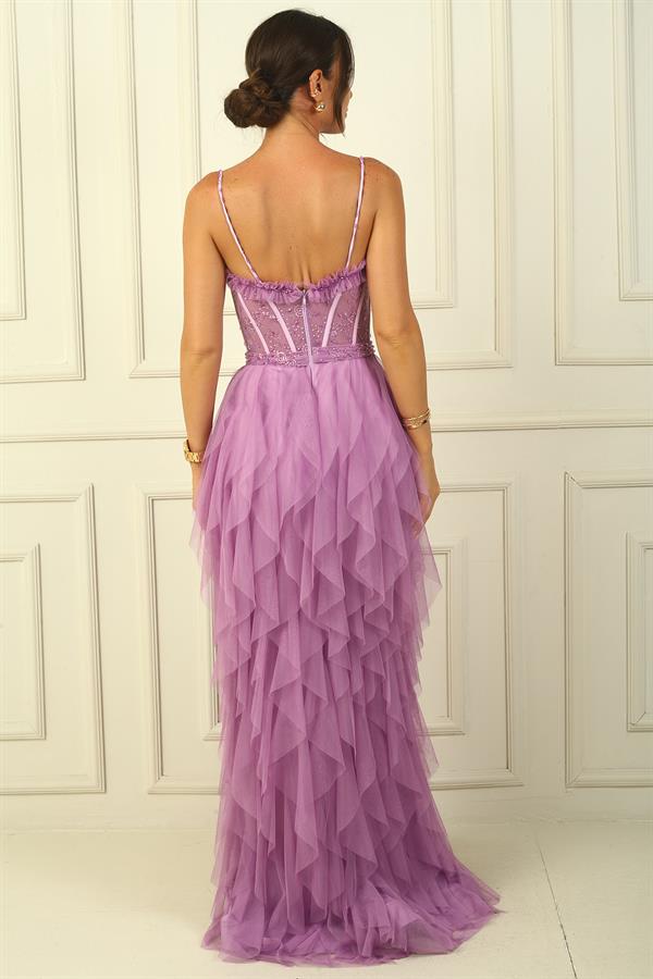 Robe bustier à bretelles perlées, doublure à franges et long tulle