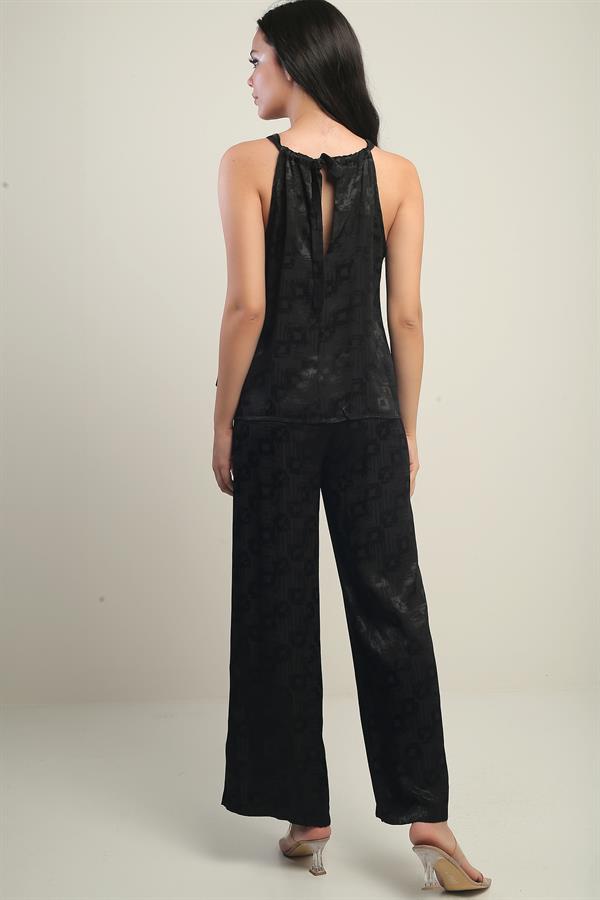 Women's Thin Strapped Blouse with Elastic Waist, Pockets, Palazzo Pants, Geometric Pattern Satin, 2-Piece Set