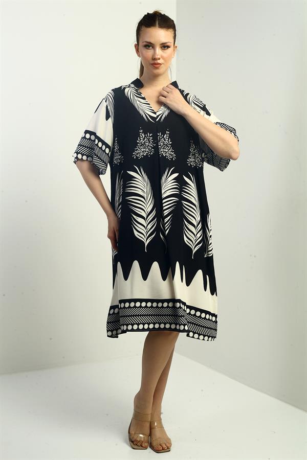 Women's Leaf Patterned Oversize Short Dress with Pockets