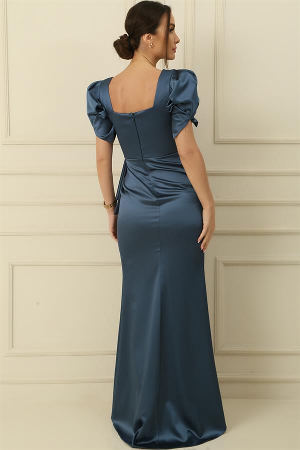 Kare Yaka Karpuz Kol Önü Drapeli Saten Uzun Kalem Elbise