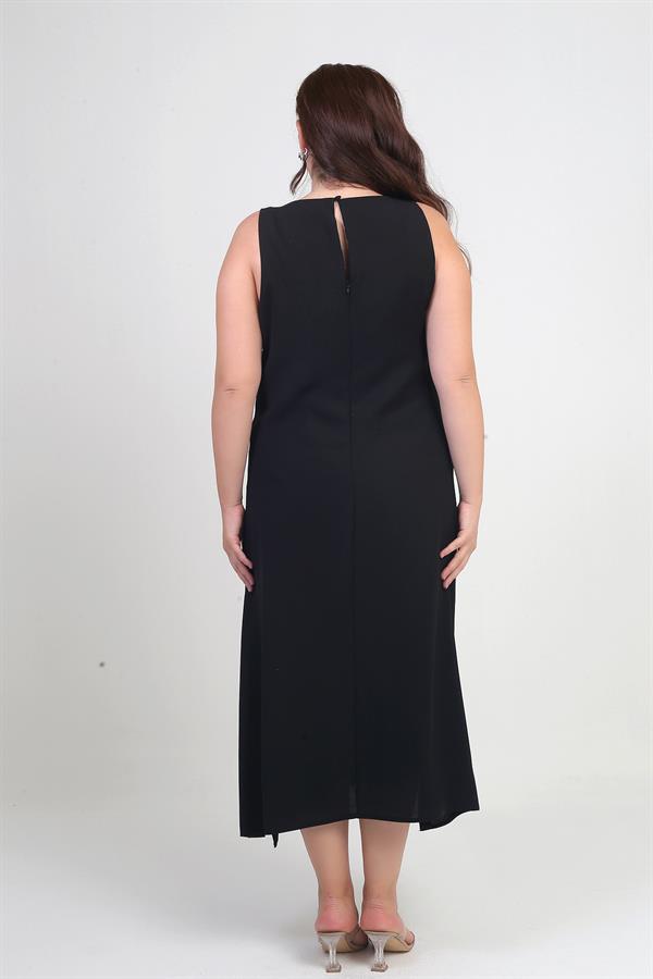 Kadın Yuvarlak Yaka Astarlı Metal Detaylı Büyük Beden Krep Midi Tasarım Elbise