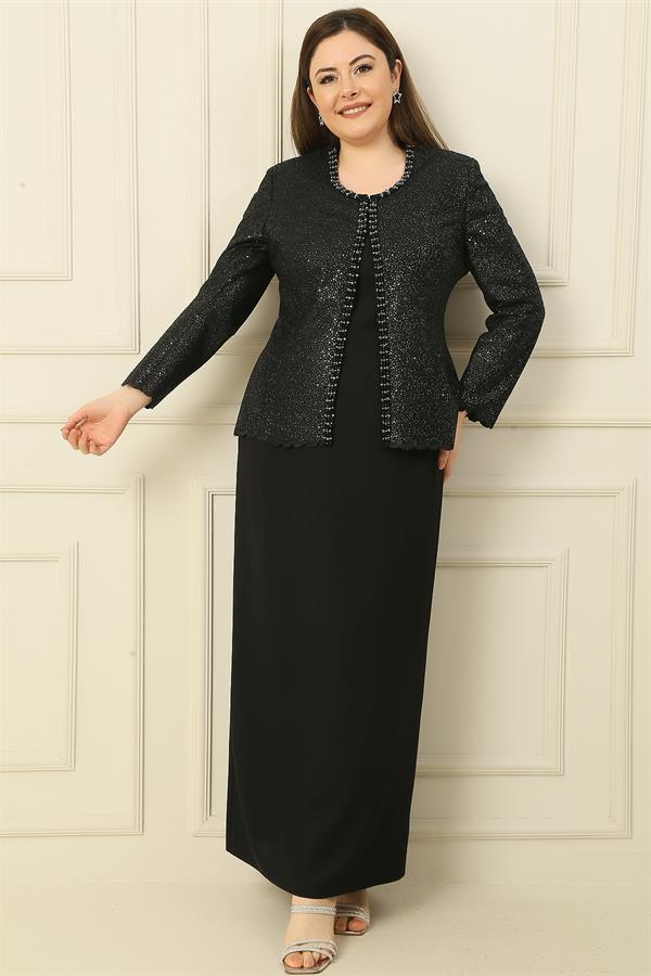 Robe longue en crêpe avec col et doublure ornés, veste à sequins, ensemble 2 pièces grande taille