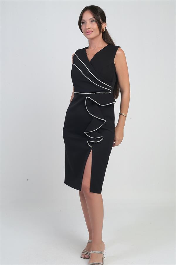 Kadın Kruvaze Yaka Yırtmaç Ve Volan Detaylı Parlak Şeritli Astarlı Krep Kısa Elbise