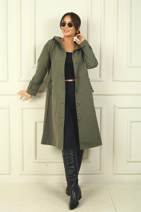 Trench-coat à capuche pour femme avec poches latérales et boutons sur le devant