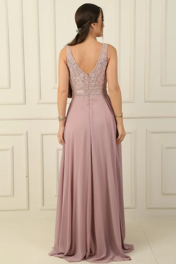 Ön Arka V Yaka Üst Boncuklu Çiçek Motifli Astarlı Uzun Şifon Abiye Elbise