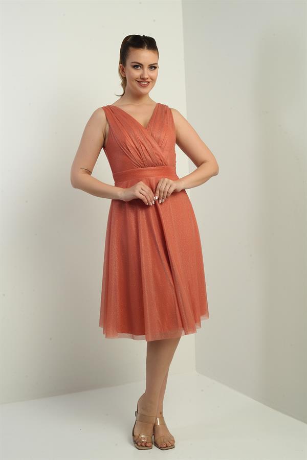 Kadın Kruvaze Yaka Astarlı Kloş Simli Kısa Elbise