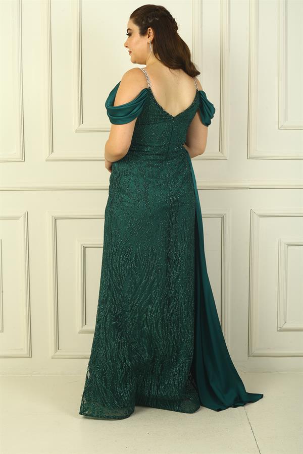 Chain Strap Front and Back V-Neck Dropped Sleeves Glitter Flock Print Lined Long Mermaid Dress