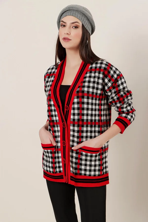 Ekose Desenli Cepli Akrilik Hırka