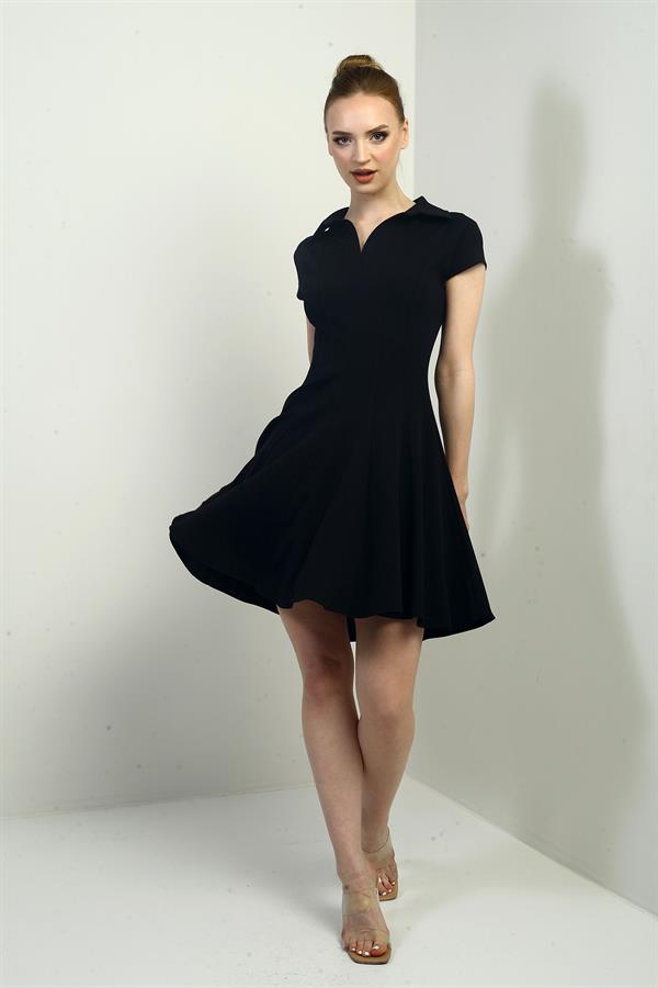 Kadın Polo Yaka Ay Kollu Likralı Kloş Kısa Elbise