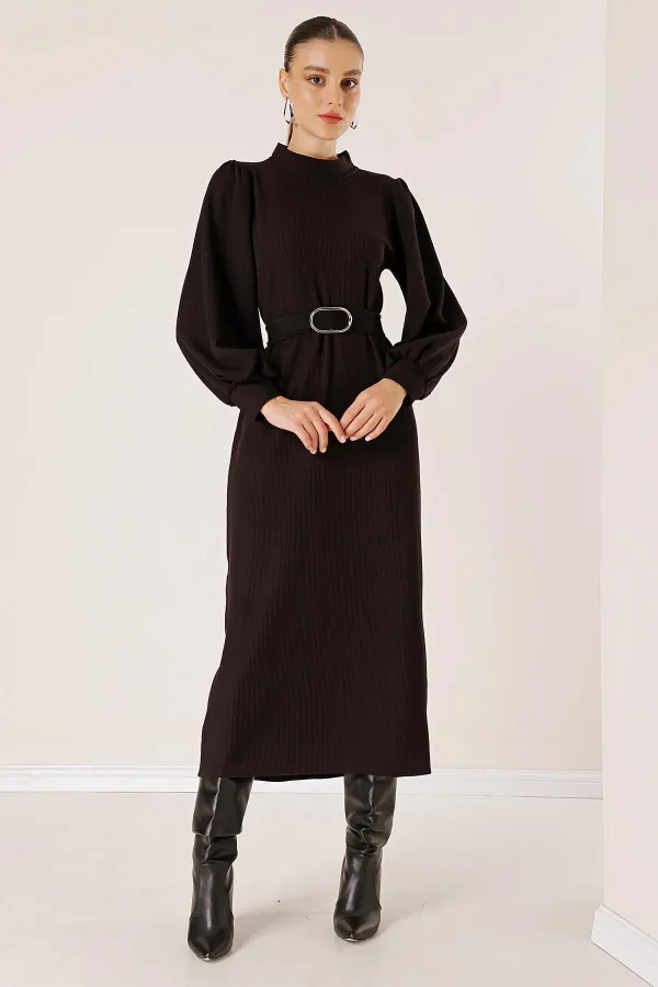 Beli Kemerli Omuz Büzgülü Elbise