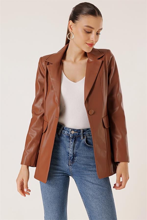 Tek Düğmeli Sahte Cepli Astarlı Deri Ceket