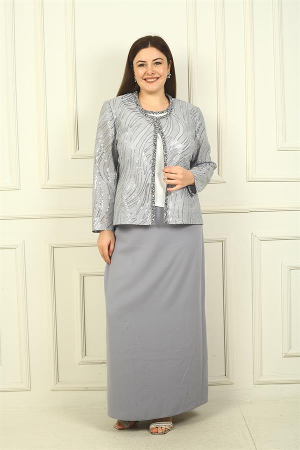 Ensemble 3 pièces grande taille pour femme : veste à sequins, chemisier à manches courtes, jupe longue doublée en crêpe