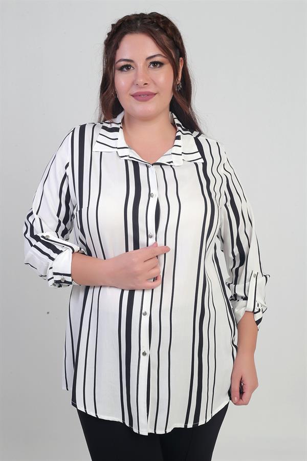 Chemise grande taille pour femme avec manches retroussables et rayures verticales
