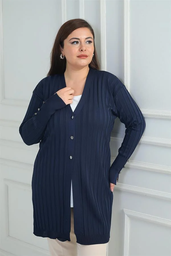 Cardigan long en lycra côtelé épais avec boutons sur les manches pour femme, grande taille