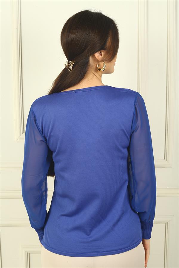 Kadın Merdiven V Yaka Kolları Şifon Kazak