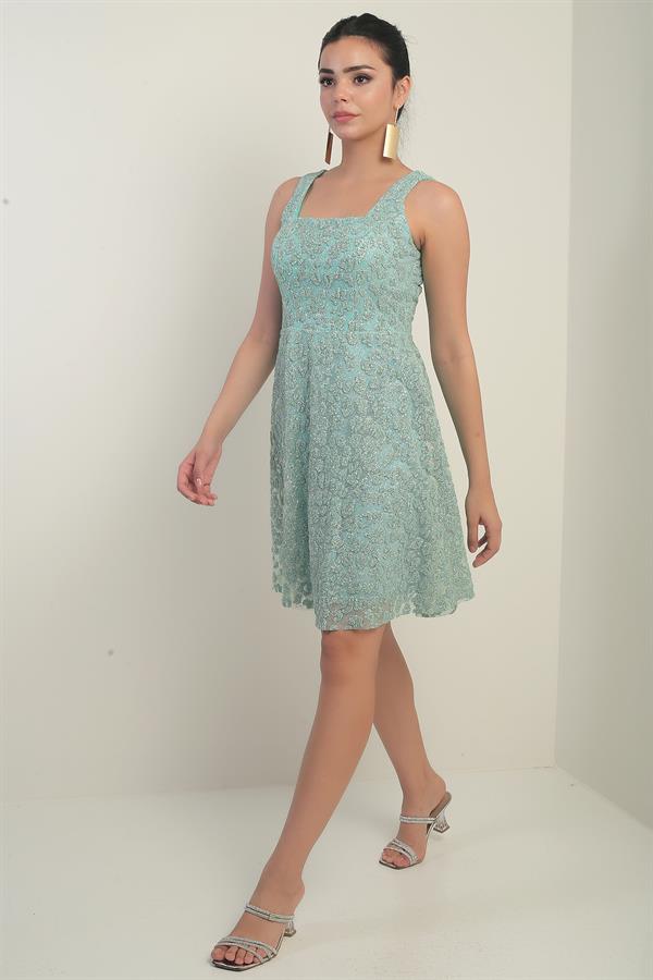 Kadın Kalın Askılı Astarlı Sim Flok Baskılı Kısa Kloş Elbise