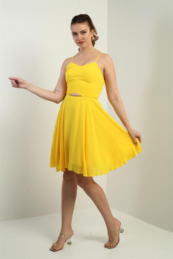 Women's Strappy, Back-Tie, Front-Opening, Lined Chiffon Short Flared Dress