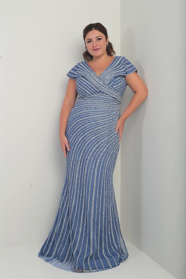 Women's Front and Back V-Neck Stone Print Lined Plus Size Fishtail Dress