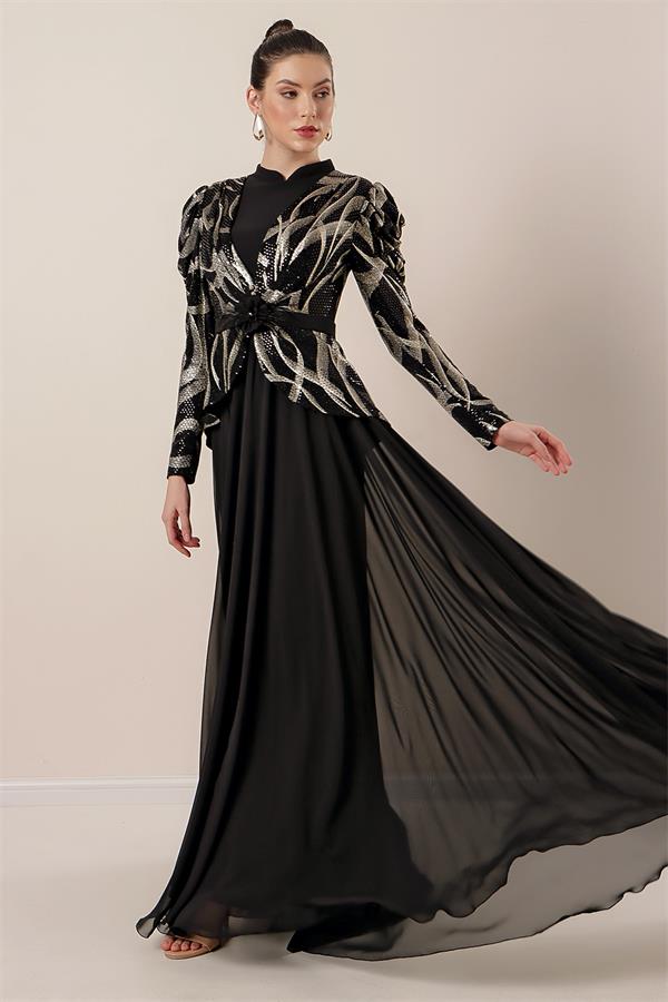 Kolları Büzgülü Güllü KEmer Detaylı Astarlı Üstü Yaldızlı Şifon Elbise