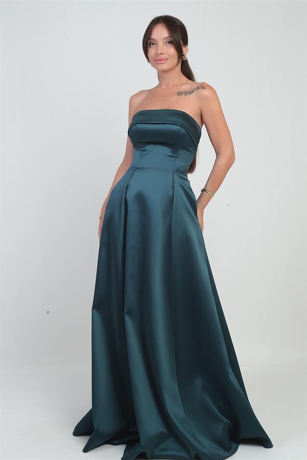 Women's Strapless Lined Long Satin Evening Dress with Pockets