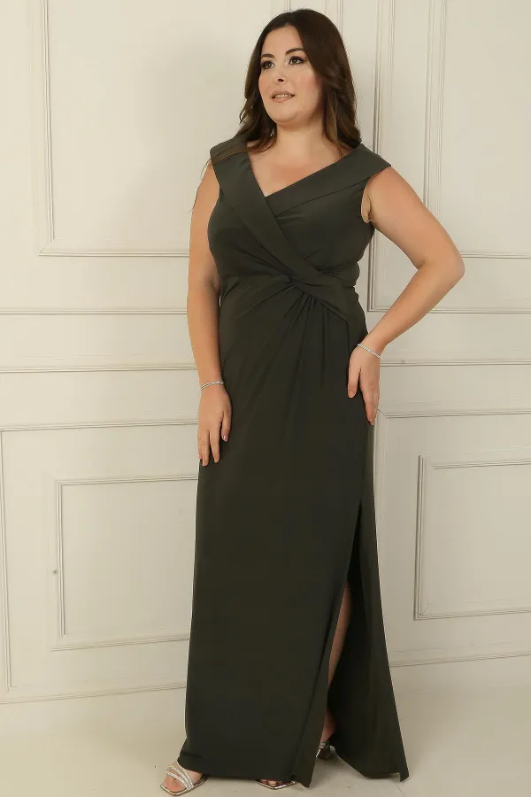 Wrap Neckline, Front Knot Detail, Lined, Slit, Plus Size Lycra Long Dress