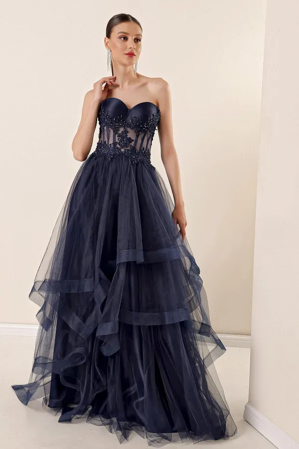 Beaded Top Transparent Layered Tulle Taffeta Long Evening Dress