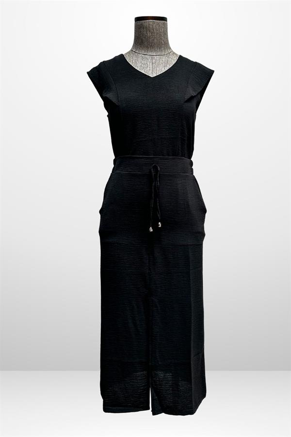 Women's V-Neck Blouse with Elastic Waist, Pockets, and Front Slit Skirt - 2-Piece Set