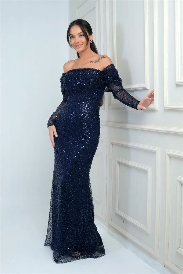 Robe de créateur doublée, à sequins, manches longues et buste drapé, doublée