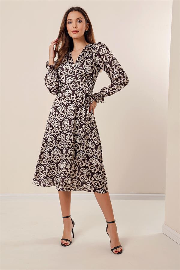 Wrap Neckline Pleated Dress with Drawstring Waist, Lined, Patterned Satin Dress