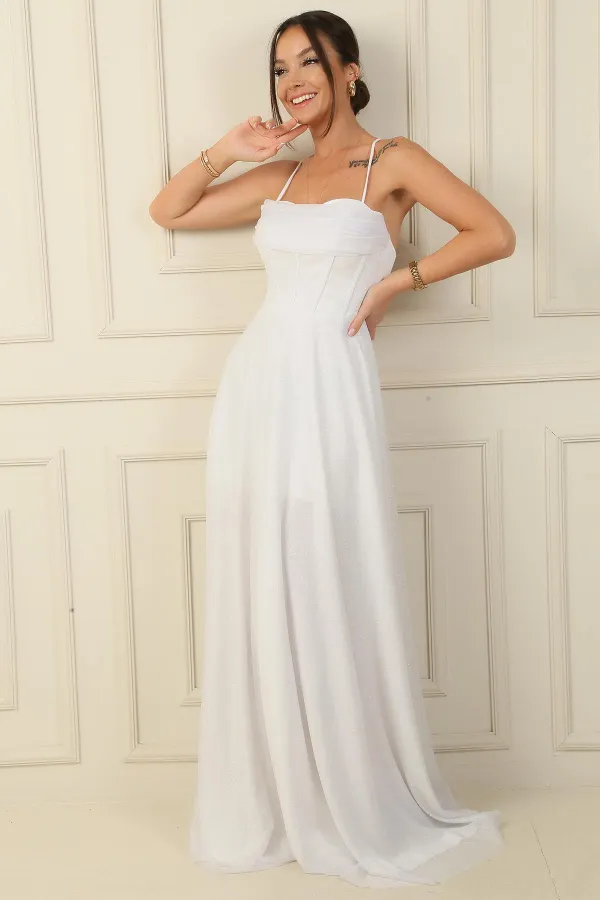 İp Askılı Balenli Üstü Drapeli Astarlı Tül Simli Uzun Abiye Elbise