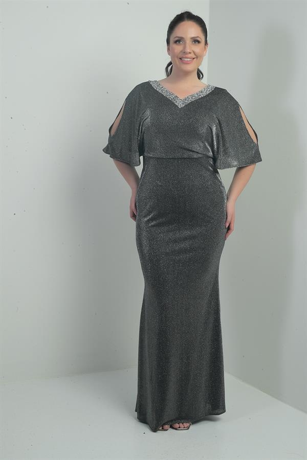 Robe longue pailletée grande taille pour femme, décolleté en V, doublure, manches chauve-souris, devant et dos délavés