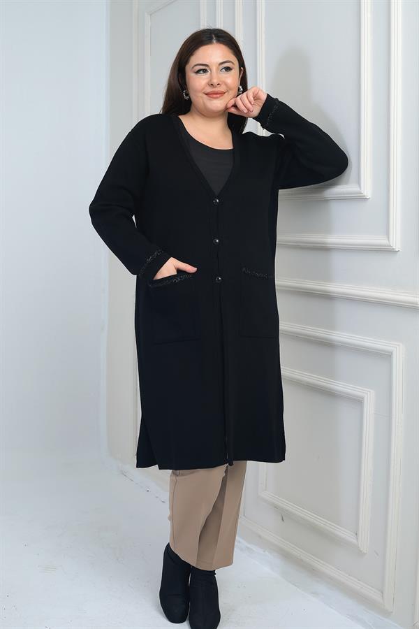 Gilet long en maille grande taille pour femme, avec poches et détails rayés