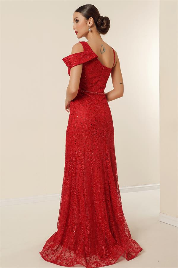 Tek Taraf İp Askılı Beli Boncuklu Astarlı Pul İşlemeli Önü Yırtmaçlı Uzun Balık Elbise