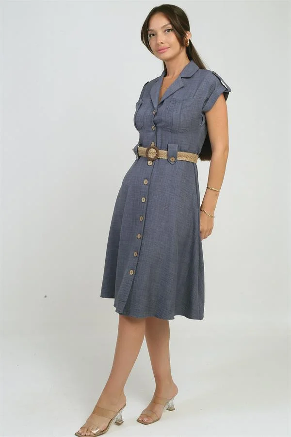 Kadın Yakalı Düşük Omuz Çift Cepli Kemerli Keten Efektli Elbise